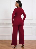 Simple And Stylish, Elegant Commuting Jumpsuit, Long Sleeve Straight Jumpsuit, V-neck, Cross Pleated, Tie-up Casual Jumpsuit, For Everyday Wear. - Image 2