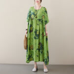 New Renaissance Round Neck Short Sleeve Pullover Large Swing Medium Length Dress Women - Image 2