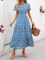 Women's V-neck Bubble Pleated Print Short Sleeve Dress - Image 3