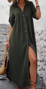 Women's Solid Color Roll-Up Sleeve Long Shirt Dress With Front Buttons, Holiday Leisure Style - Image 6