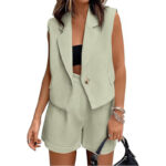Leisure Commute Button Sleeveless Midriff-baring Vest Coat High Waist Shorts Two-piece Set - Image 10