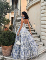 Floral Off-the-shoulder Strap Lace-up Large Swing Skirt Organza Dress - Image 4