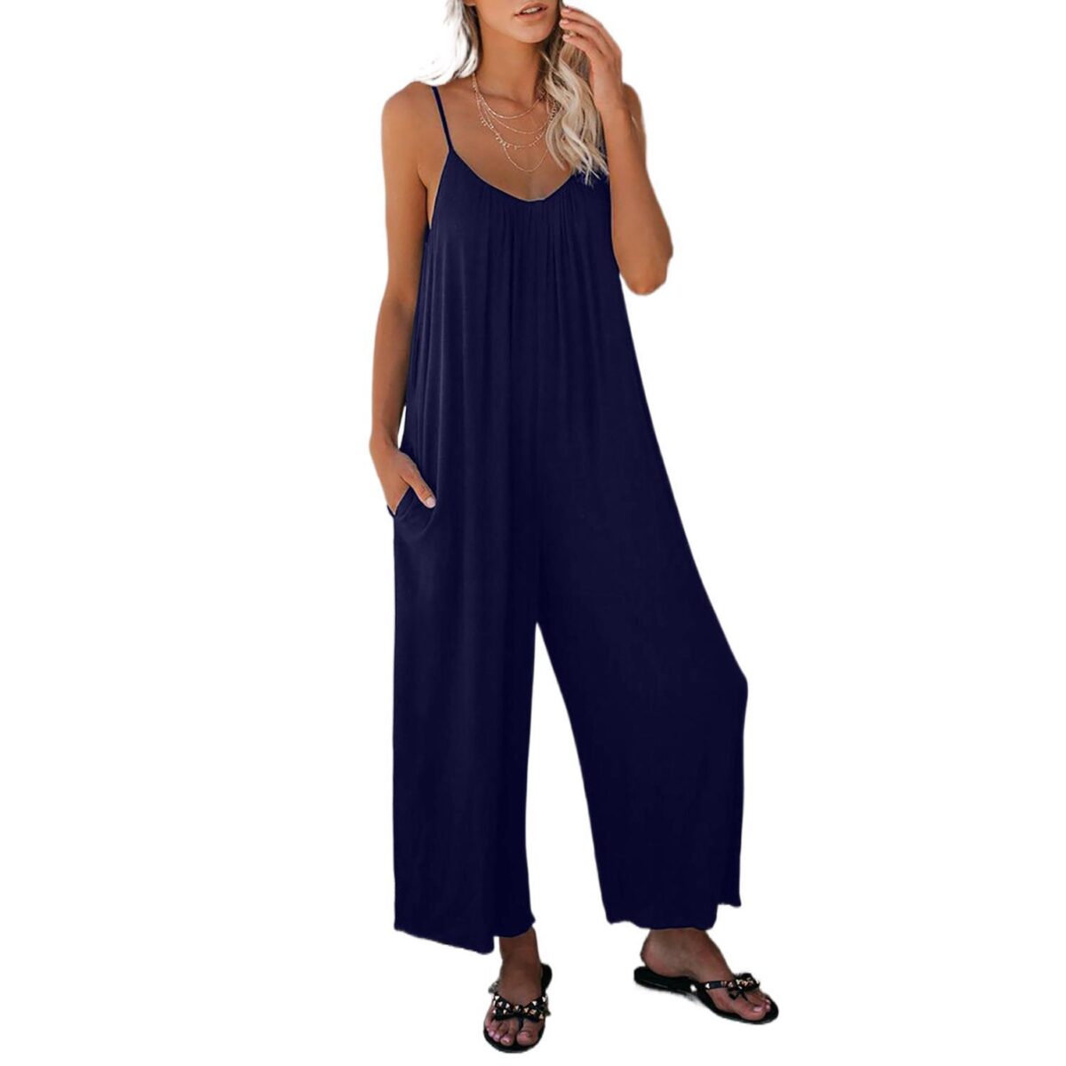 Women's Fashion Solid Color Pocket Loose Casual Sling Jumpsuit - Image 2