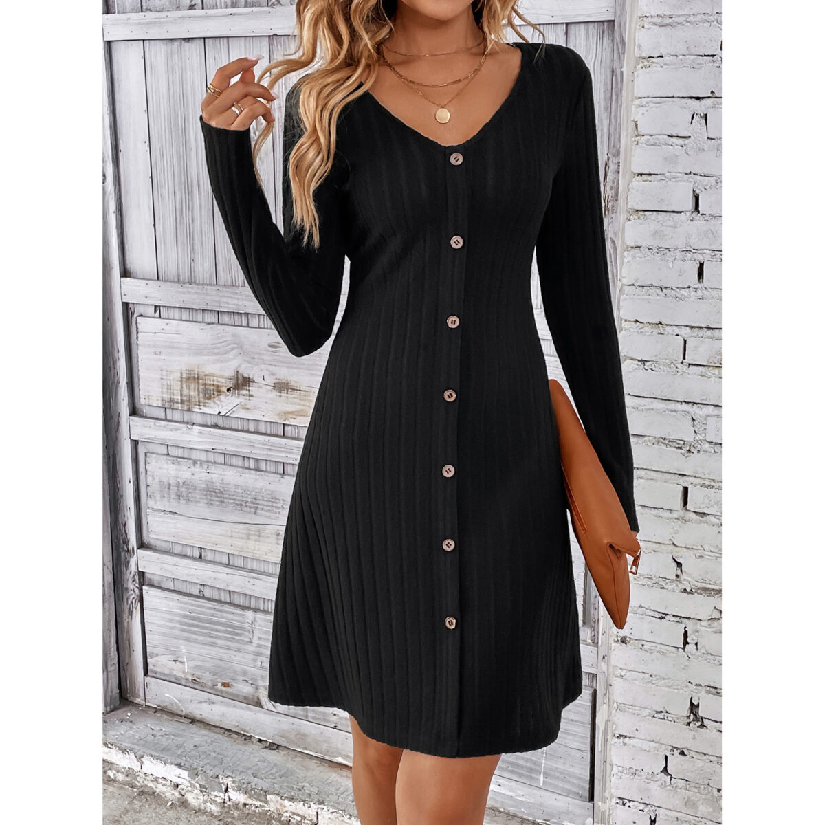 Women's Fashion Button Waist Long Sleeve Dress - Image 1