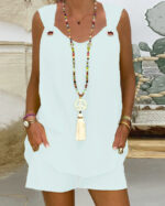 Elegant Solid Color Sleeveless Casual Top Shorts Suit - Image 5
