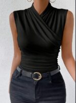 Women's Fashion Summer Solid Color Crisscross Pleated Sleeveless Tank Top - Image 3