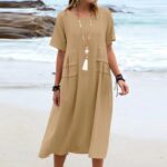 Women's Summer Loose Casual Midi Dress Breathable Cotton Linen Short-sleeve Mid-length Dresses Women Simple Beach Dress - Image 8
