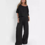 Women's Cotton And Linen Casual Cropped Sleeves Wide-leg Pants Suit - Image 3