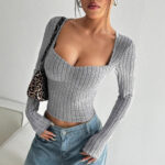 Women's Sunken Stripe Brushed T-shirt Short Midriff-baring Top