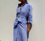 Striped Shirt Dress With Belt Fashion Half-sleeved Lapel Button Cardigan Dresses Women's Clothing - Image 10