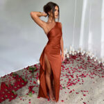 Sexy One-shoulder Backless Slit Dress Summer Elegant Slim-fit Solid Color Satin Dresses For Women - Image 7