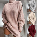 Solid Turtleneck Long Sweater Winter Warm Women Sweater Dress