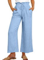 Elastic Waistband Lace-up Wide Leg Pants Solid Color Cropped Pants - Image 5