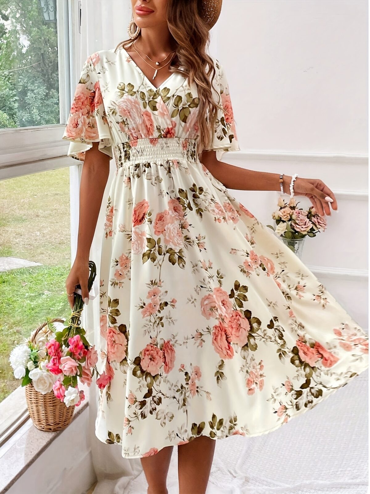 Ladies New Plant Flower Print Belt Smocking Dress - Image 6