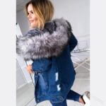 European And American Retro Big Fur Collar Denim Jacket Temperament Commuting To Keep Warm Mid-Length Broken Hole Distressed Coat - Image 5