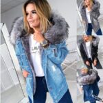 European And American Retro Big Fur Collar Denim Jacket Temperament Commuting To Keep Warm Mid-Length Broken Hole Distressed Coat - Image 3