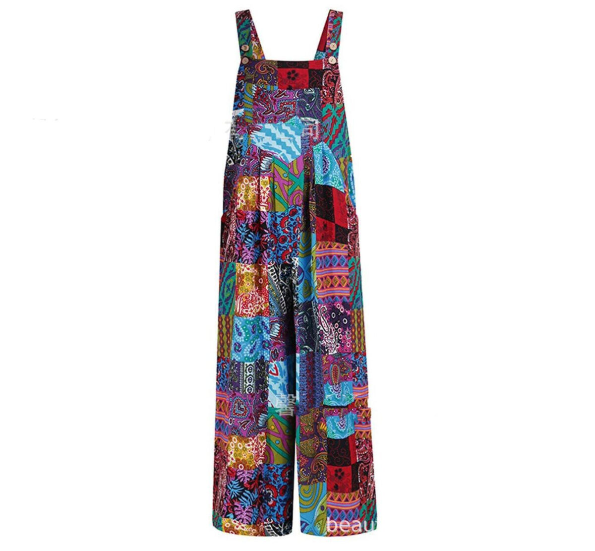 Patchwork Printed Button Suspender Jumpsuit - Image 7