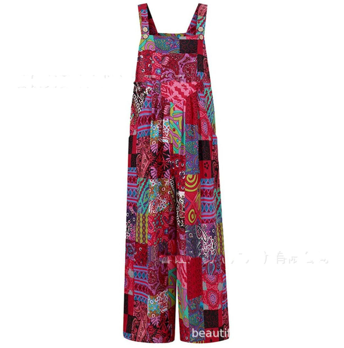 Patchwork Printed Button Suspender Jumpsuit - Image 8