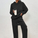 Fleece-lined Hooded Long Sleeve Dimensional Patch Pocket Casual Trousers Solid Color Suit - Image 9