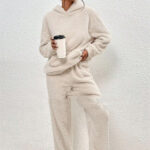 Fleece-lined Hooded Long Sleeve Dimensional Patch Pocket Casual Trousers Solid Color Suit - Image 10