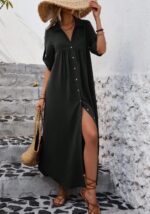 Women's Solid Color Roll-Up Sleeve Long Shirt Dress With Front Buttons, Holiday Leisure Style - Image 4