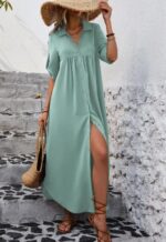 Women's Solid Color Roll-Up Sleeve Long Shirt Dress With Front Buttons, Holiday Leisure Style - Image 5