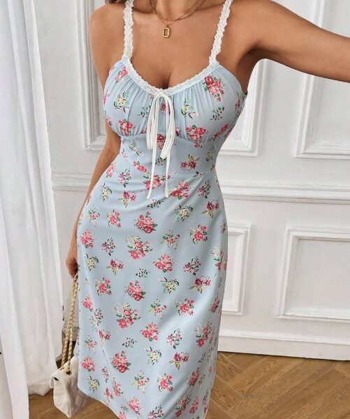 Floral Lace Trim Camisole Dress