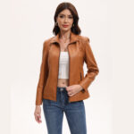 Women's Leather Jacket Knitted Stitching Stretch Coat - Image 4