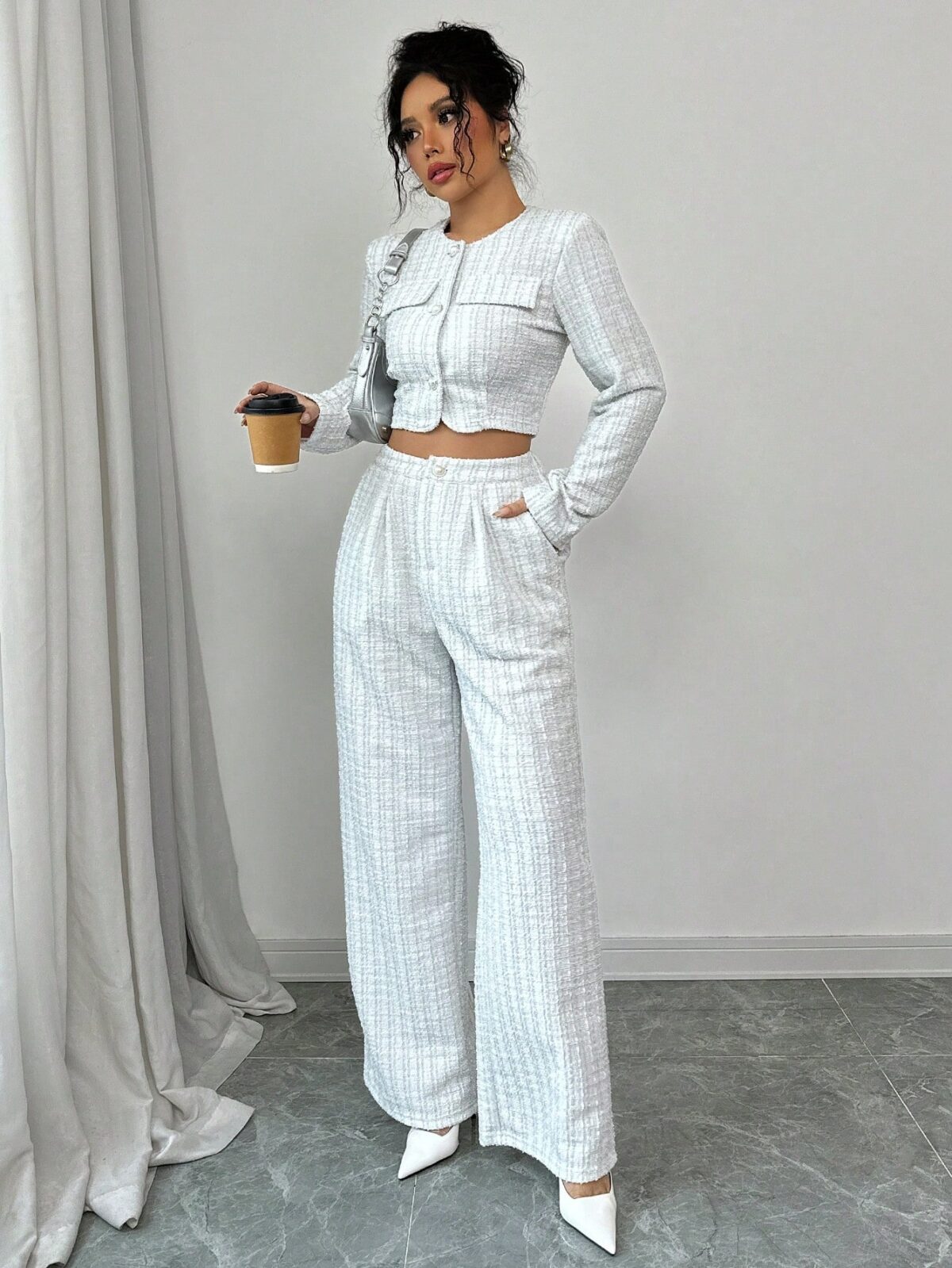 Spring And Autumn Long-sleeve Short-pants Suit, Tweed Short Jacket With Pearl Buttons, Elegant Round Neck Pearl Button Textured Jacket And Long Pants, Suitable For Commuting, Leisure, Dating, And Vaca - Image 1