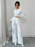 Spring And Autumn Long-sleeve Short-pants Suit, Tweed Short Jacket With Pearl Buttons, Elegant Round Neck Pearl Button Textured Jacket And Long Pants, Suitable For Commuting, Leisure, Dating, And Vaca - Image 3