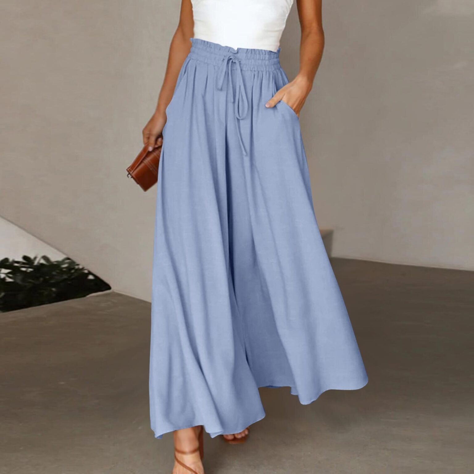Women's Fashion Wide Leg Elastic Waistband Wide Leg High Waist Long Dress Pants - Image 3
