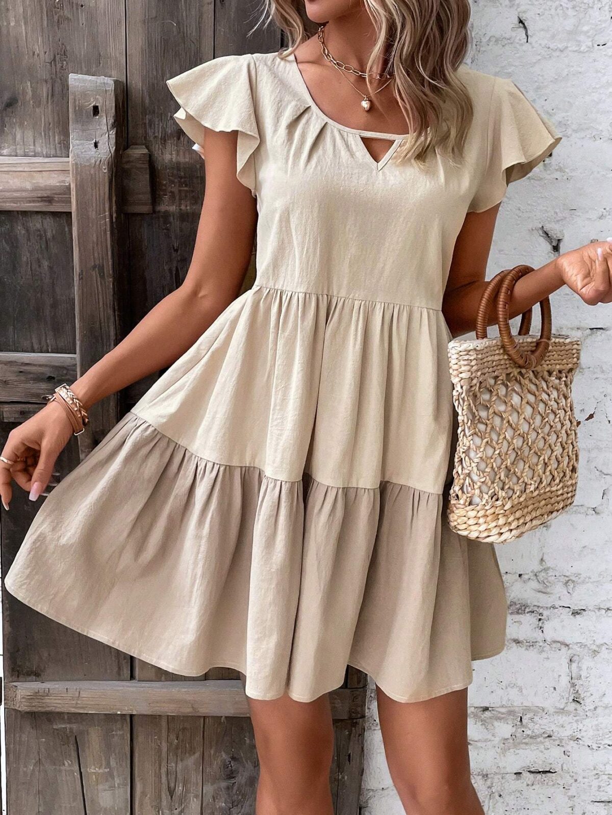 Colorblock Keyhole Neckline Ruffle Hem Smock Dress - Image 3