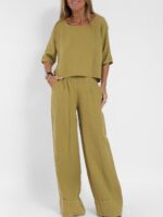 Women's Cotton And Linen Casual Cropped Sleeves Wide-leg Pants Suit - Image 5