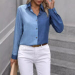 Women's Casual Single-breasted Solid Color Color Matching Long Sleeve Lapel Shirt - Image 4