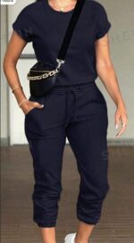2pcs Women Solid Color Round Neck Short Sleeve Top And Drawstring Pocket Long Pants Casual Suit - Image 2