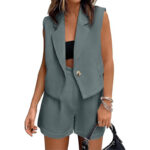 Leisure Commute Button Sleeveless Midriff-baring Vest Coat High Waist Shorts Two-piece Set - Image 6