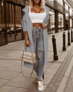 Ladies Hooded Solid Color Mid-length Knitwear Fashion Casual Pocket Long Sleeve Trench Coat - Image 4