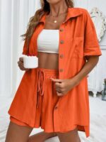Women's Fashion Shorts Two Pieces Solid Color Shirt Suit - Image 5