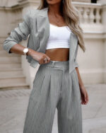 Women's Spring Fashion Striped Suits Casual Lapel Long Sleeve Cropped Top And Straight Pants Outfits Women's Clothing - Image 7