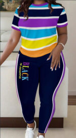 Women Fashionable Colorful Stripe Print T-shirt And Pants Casual Set - Image 2