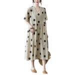 Loose-paneled Cotton And Linen V-neck Short-sleeved Dress - Image 3