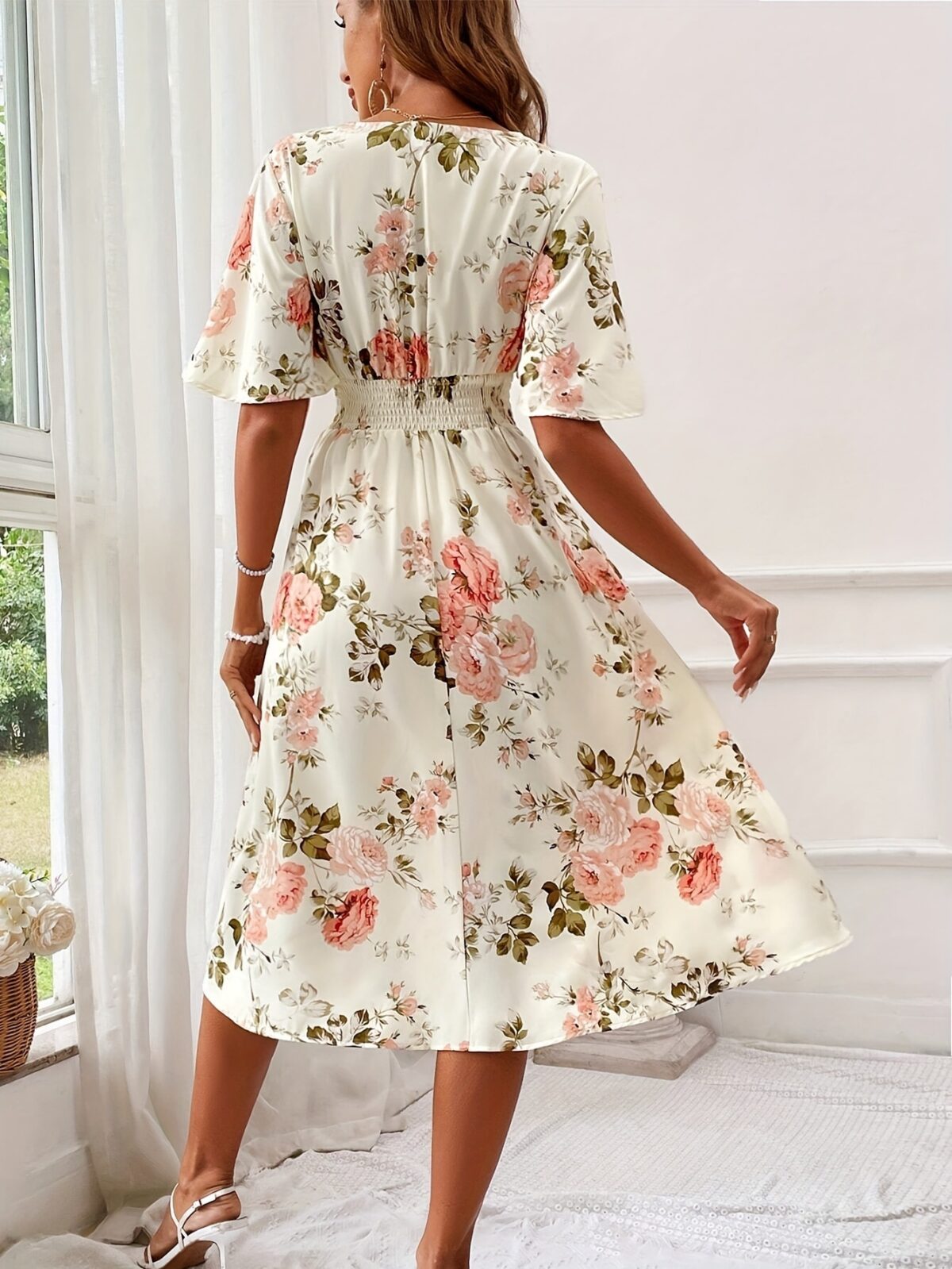 Ladies New Plant Flower Print Belt Smocking Dress - Image 4