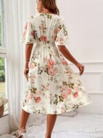 Ladies New Plant Flower Print Belt Smocking Dress - Image 4