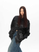 Three-dimensional Pocket Irregular Placket Leather Coat Loose Top - Image 5