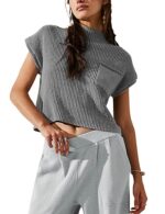 Women's Knitted Sleeveless Pocket Casual Rib Pullover Vest - Image 8