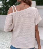 Women's Short-sleeved Solid Color Top Fashionable All-match Off-shoulder Knitted T-shirt - Image 4