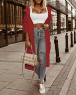 Ladies Hooded Solid Color Mid-length Knitwear Fashion Casual Pocket Long Sleeve Trench Coat - Image 8