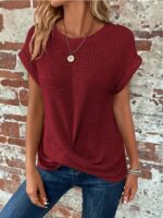 Short-sleeved Waffle T-shirt Summer New Solid Color Crew Neck Top For Womens Clothing - Image 8