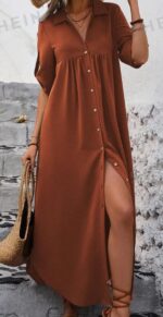 Women's Solid Color Roll-Up Sleeve Long Shirt Dress With Front Buttons, Holiday Leisure Style - Image 8