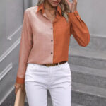 Women's Casual Single-breasted Solid Color Color Matching Long Sleeve Lapel Shirt - Image 3